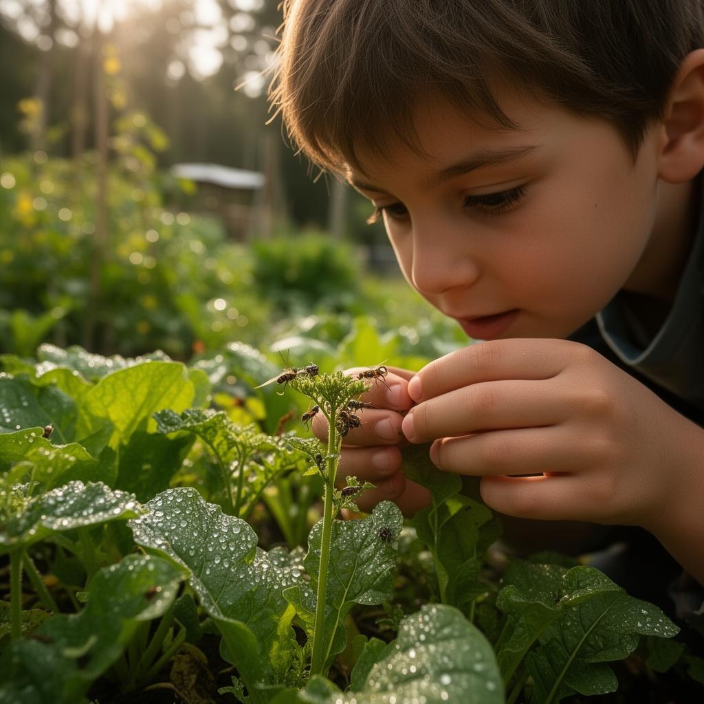 Otrok od blizu opazuje rastline in žuželke v food forest vrtu